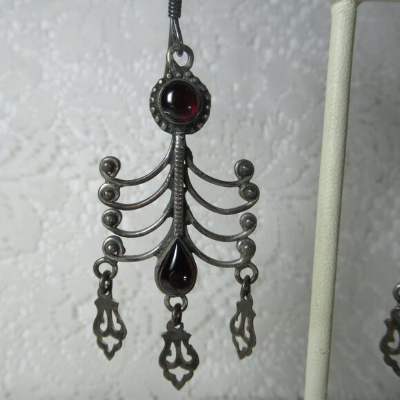 Vintage Sterling Silver 925 Garnet Dangle Earrings Boho Ethnic Tribal Cabochon - Picture 7 of 16